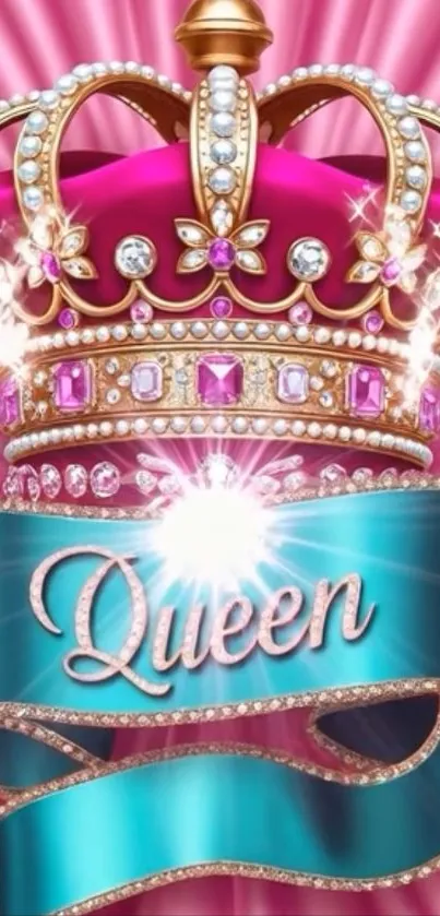 Sparkling jeweled crown with 'Queen' text on pink background.