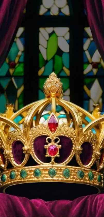 Golden crown with gems against stained glass.