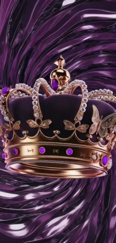 Gold and jeweled crown on a purple abstract background.