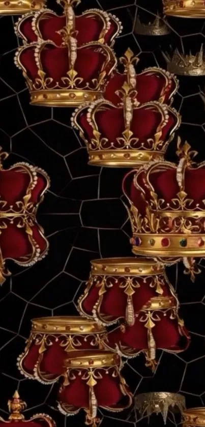 Ornate crowns pattern on dark wallpaper.