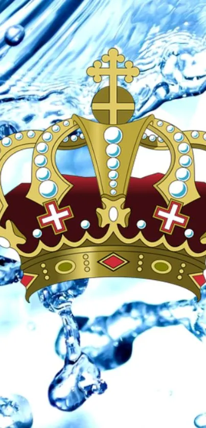 Golden crown with water splashes on blue background.