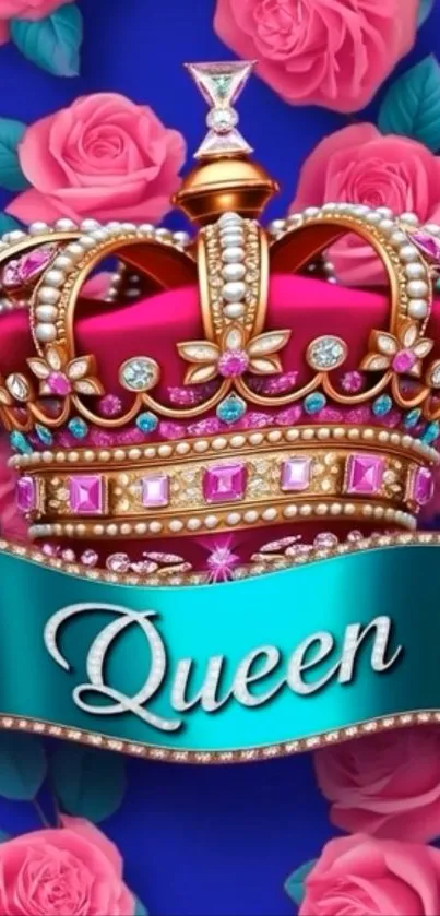 Jeweled crown on blue background with pink roses.