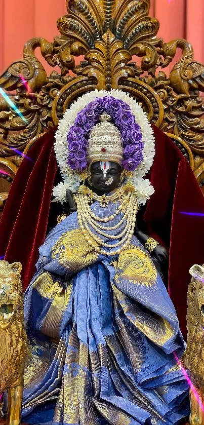 Deity seated on ornate throne with golden lions, vibrant colors.