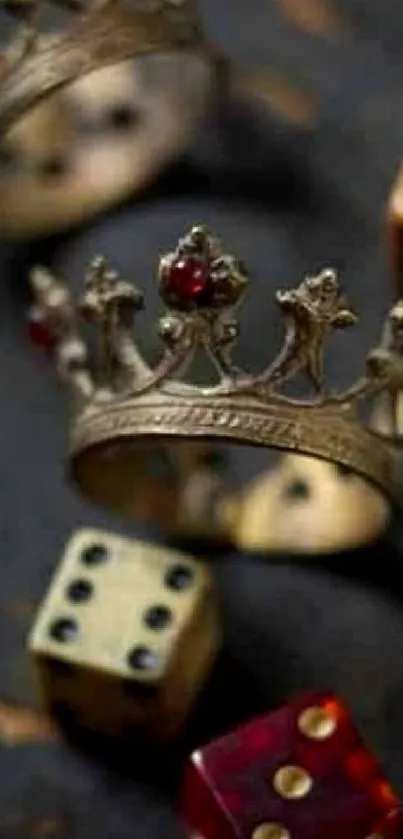 Detailed crown with vibrant dice on a dark background.