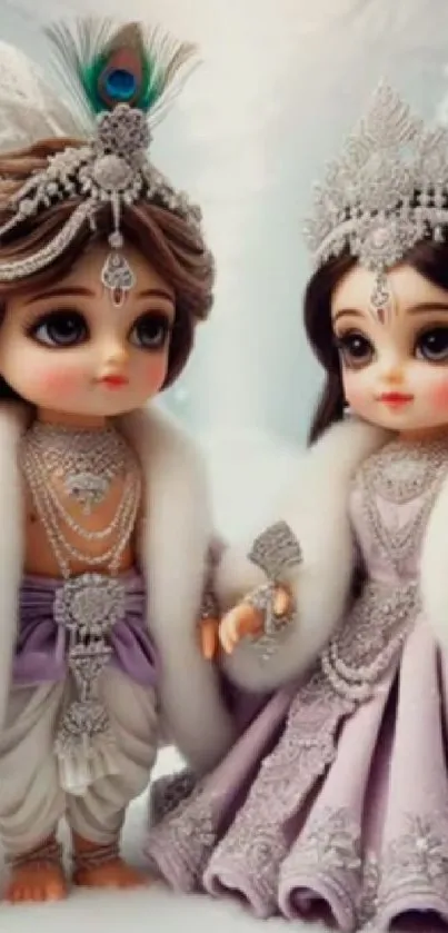 Royal doll couple in elegant attire with crowns and intricate details.