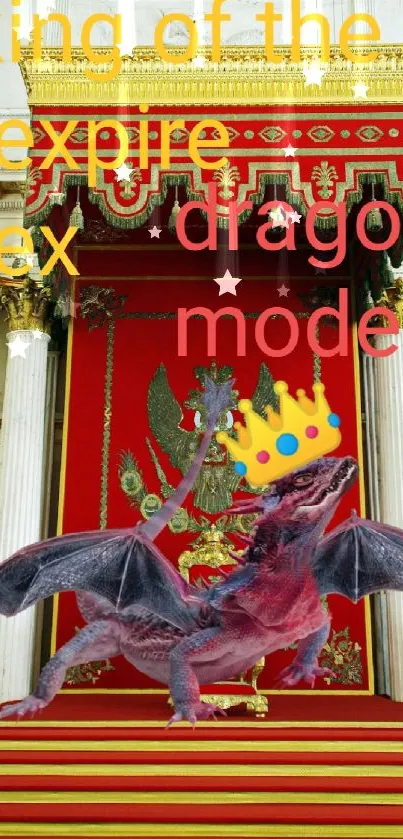 Majestic dragon with crown on a red ornate throne.