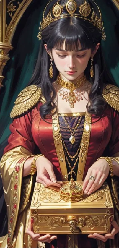 Regal woman in ornate attire and golden hues, fantasy art wallpaper.