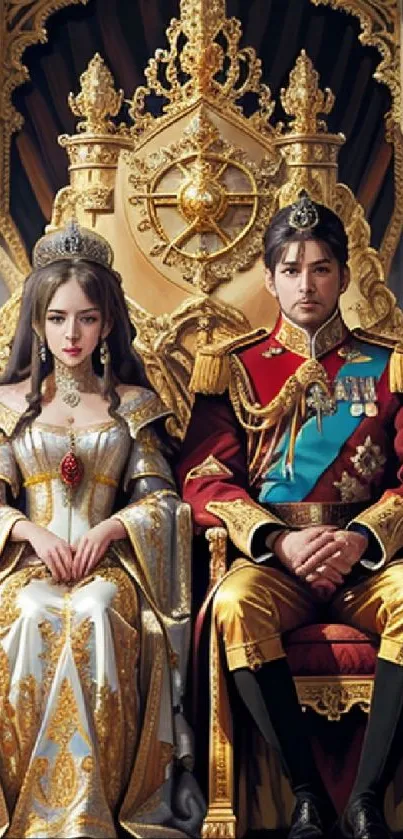 Elegant royal couple seated on a luxurious gold throne.