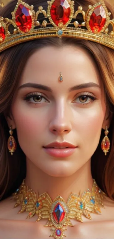 Regal queen with golden crown and jewelry portrait wallpaper.
