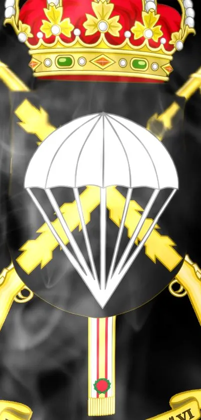 Royal emblem with crown and parachute on smoky black background.