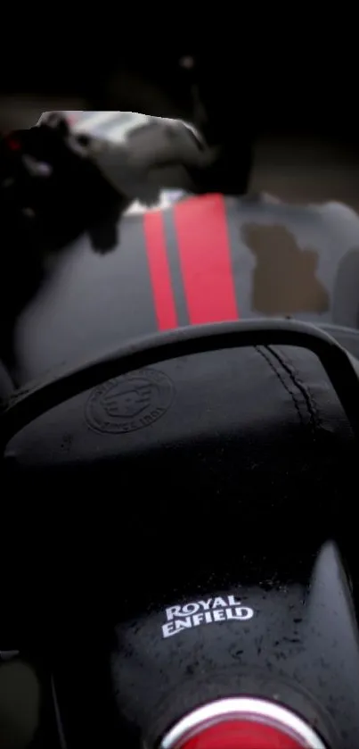 A rear view of a Royal Enfield bike with red and black details.