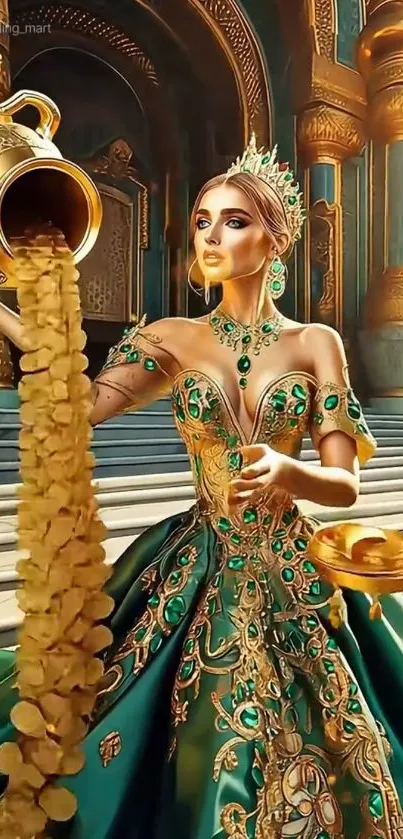 Royal figure in emerald gown pouring gold coins in palace setting.