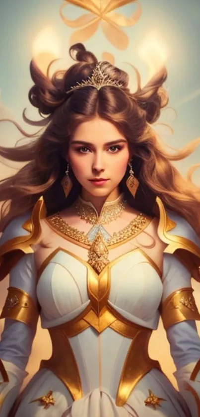 Fantasy warrior princess in golden armor with flowing hair, set against a magical sky.