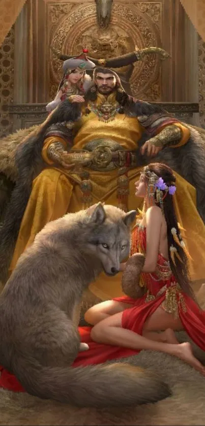 Royal fantasy scene with throne and wolf.