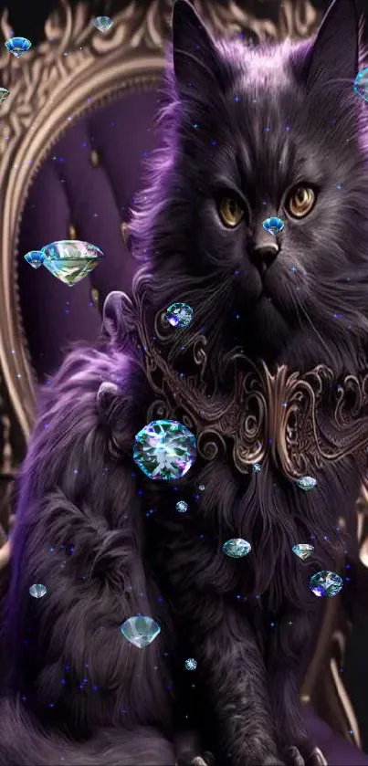 Elegant cat on a purple throne with ornate details.