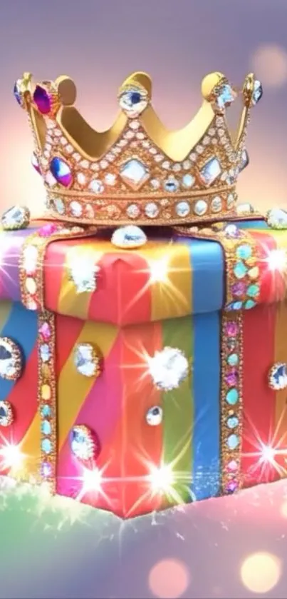 Colorful gift box with crown and jewels on top.
