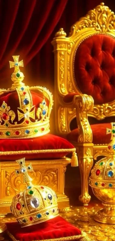 Golden throne with crowns and red accents in regal setting.