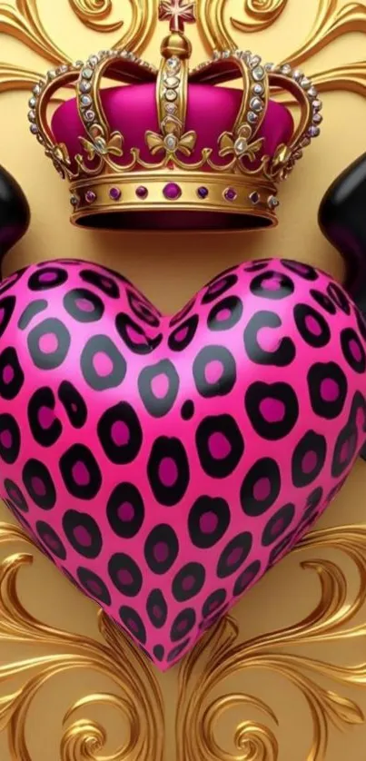 Crowned leopard heart with wings on gold.