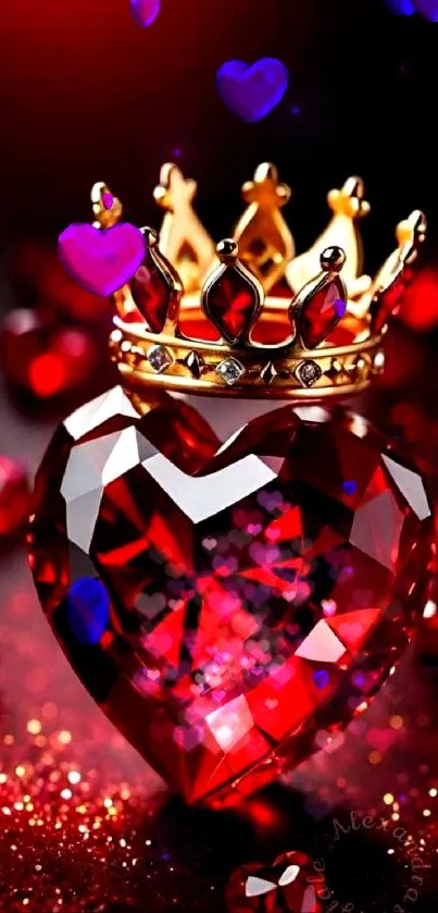 Heart shaped gem with a golden crown on a red background.