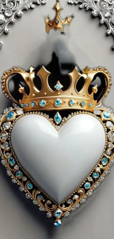 Intricate heart design with crown and gemstones.