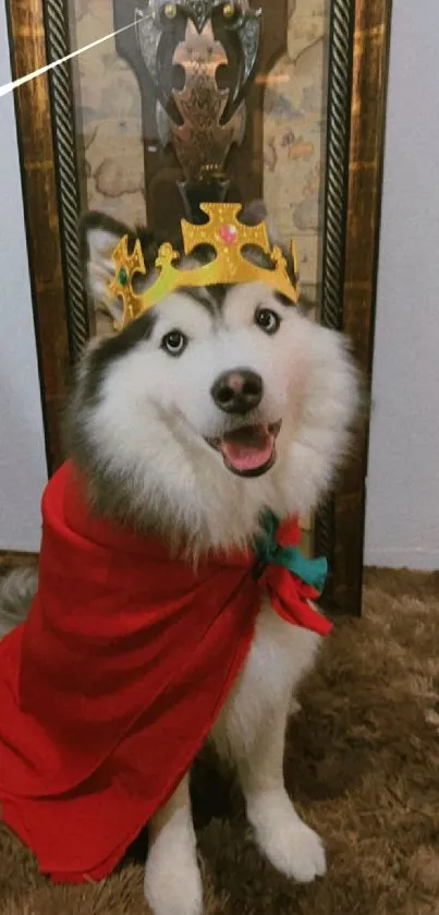 Husky dog wearing a crown and red cloak, standing on a carpet.