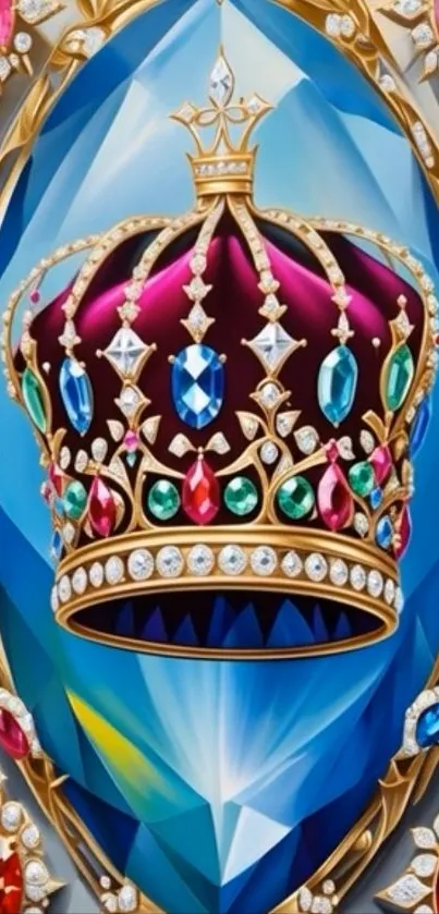 Intricate jeweled crown on a vibrant blue background.