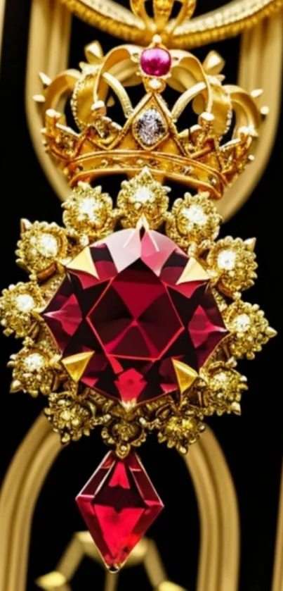 Royal gemstone set in a gold crown on a luxury phone wallpaper.