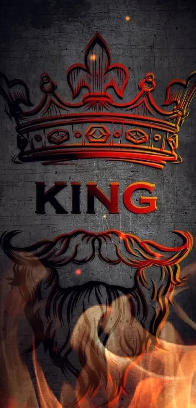 Wall art with crown and beard in fiery colors against dark gray background.