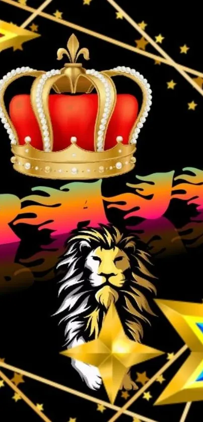 Vibrant wallpaper with crown, lion, and stars.