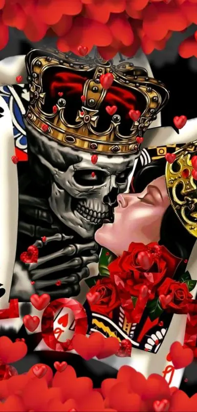 Romantic skull and queen wallpaper with crowns and red hearts.