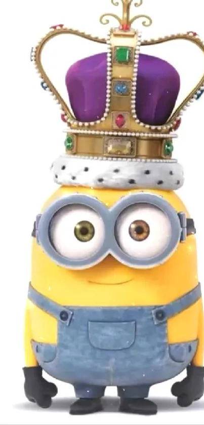 Minion wearing a colorful royal crown, standing on a white background for mobile wallpaper.