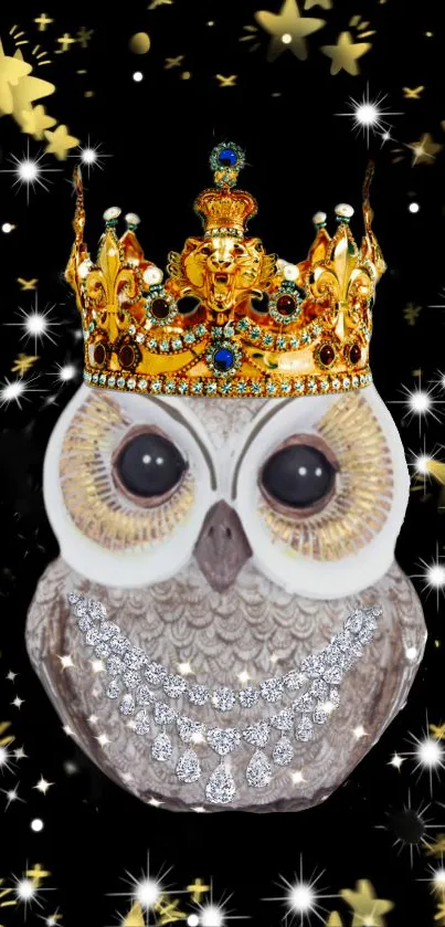 Royal owl with a sparkling golden crown against a starry black background.