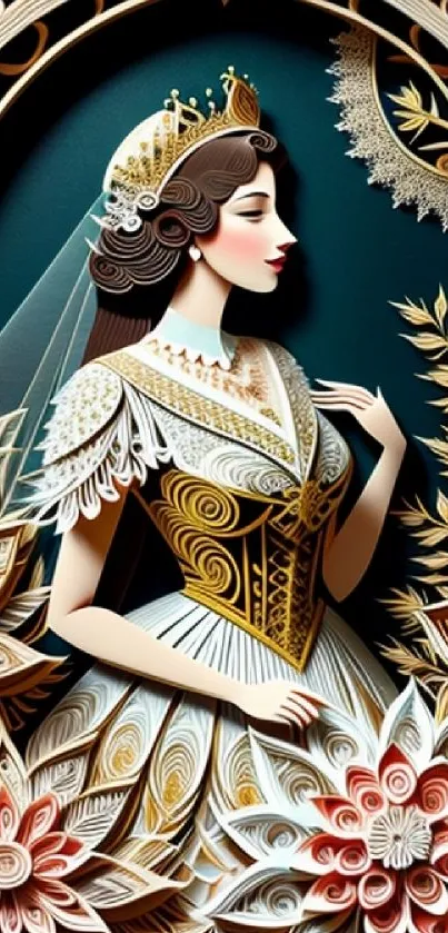 Intricate paper art of a royal woman with floral decorations.