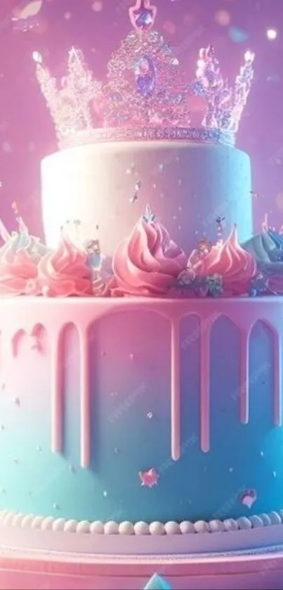 A whimsical pastel cake with a crown, perfect for celebrations.