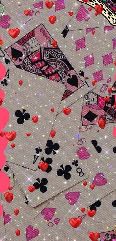 Mobile wallpaper with royal playing cards, pink hearts, and colorful patterns.