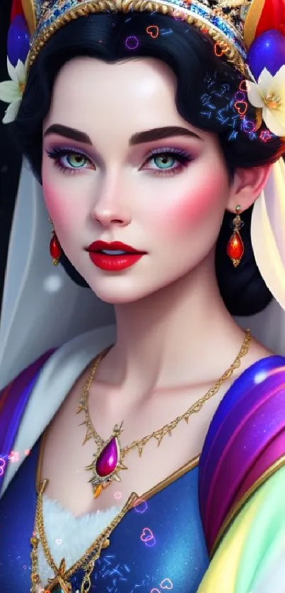 Vibrant digital art of a royal princess with elegant jewelry and colorful attire.