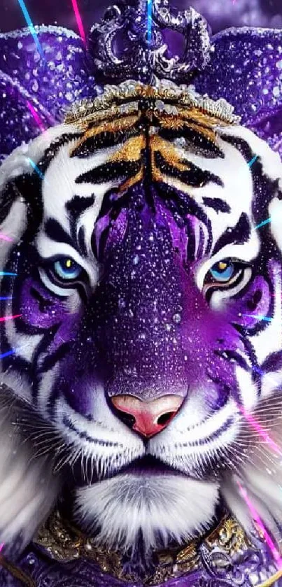 Majestic purple tiger with royal ornate design on a mobile wallpaper.