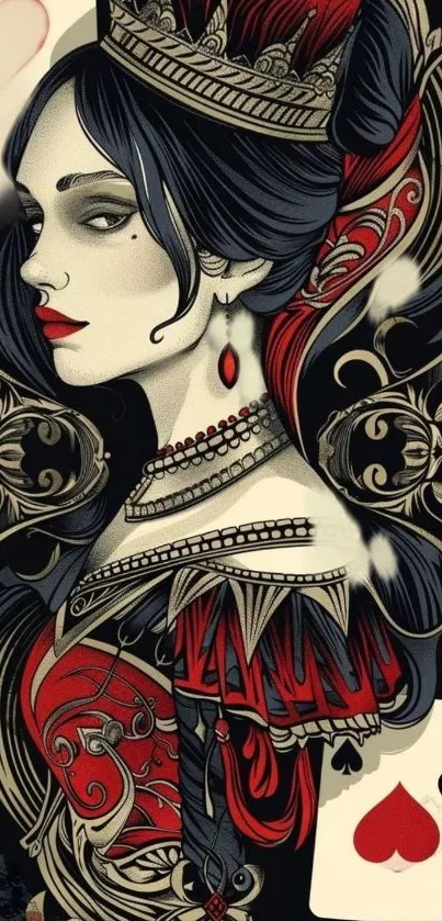 Illustrated Queen of Hearts with playing card details, intricate and colorful.