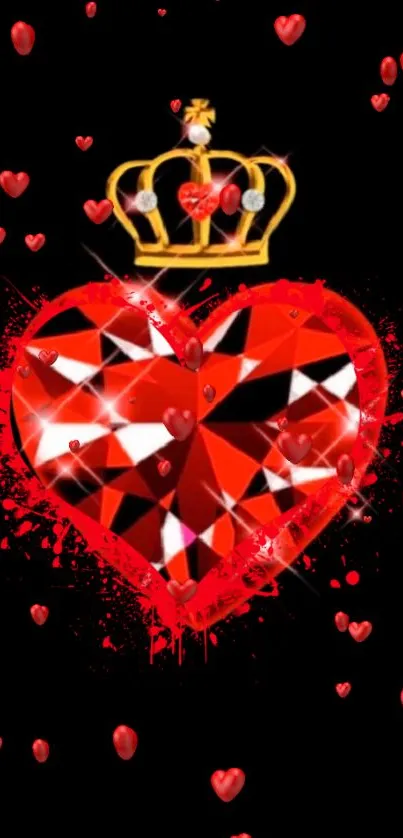 Royal red jeweled heart with crown design on black background.