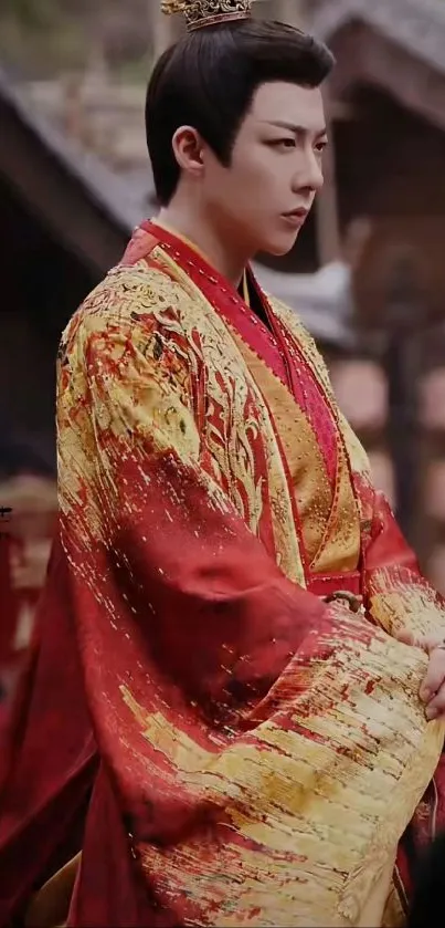 Regal figure in red and gold attire against a historic backdrop.