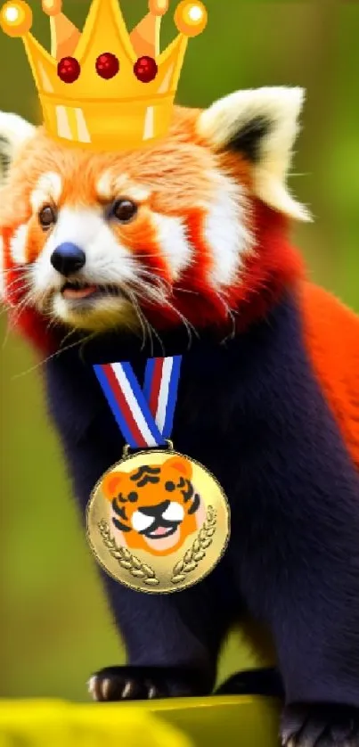 A crowned red panda with a medal in a lush green setting.