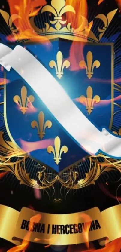 Royal shield with flames and fleur-de-lis design.