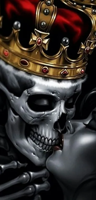 Dark skeleton with a royal crown in a passionate kiss wallpaper.