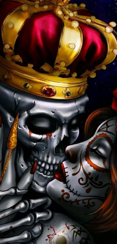 Skeleton king and queen embrace with vibrant crown and dark background.