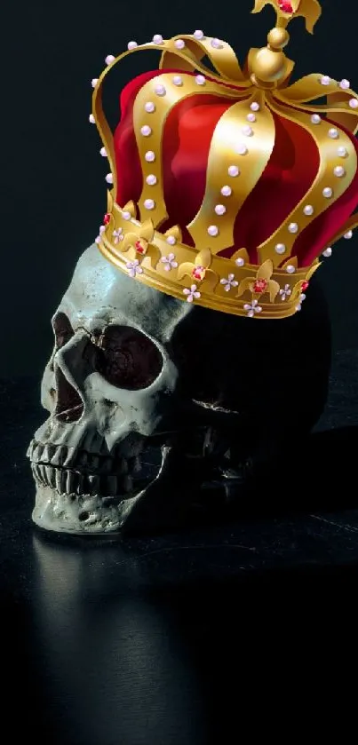 Skull wearing a royal crown on a dark background wallpaper.