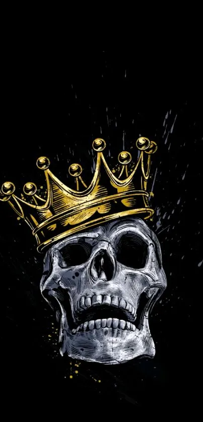 Regal skull with a gold crown on a dark background.