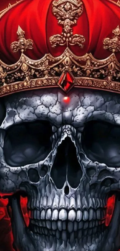 Skull with a crown on a dark red background.
