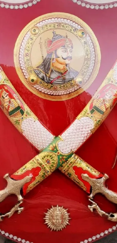 Decorative red shield with two ornate swords.