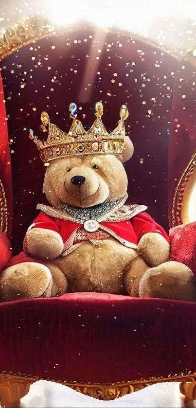 Teddy bear with crown on red throne.