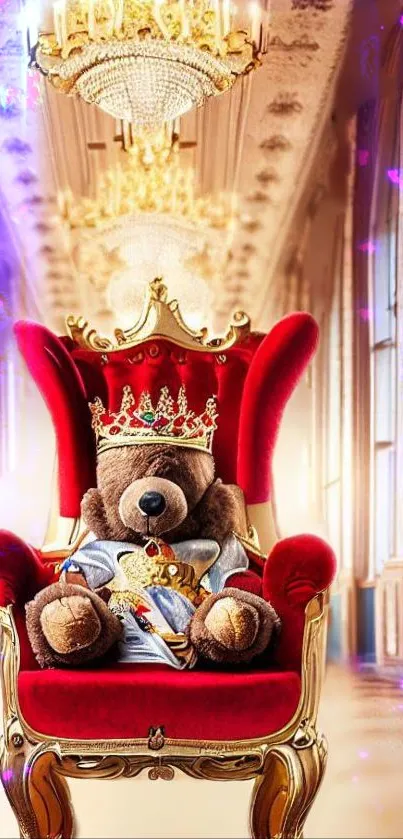 Teddy bear on a royal red throne in an opulent palace setting.